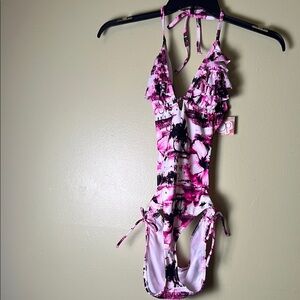 OP Pink and Black Ruffled Swimsuit